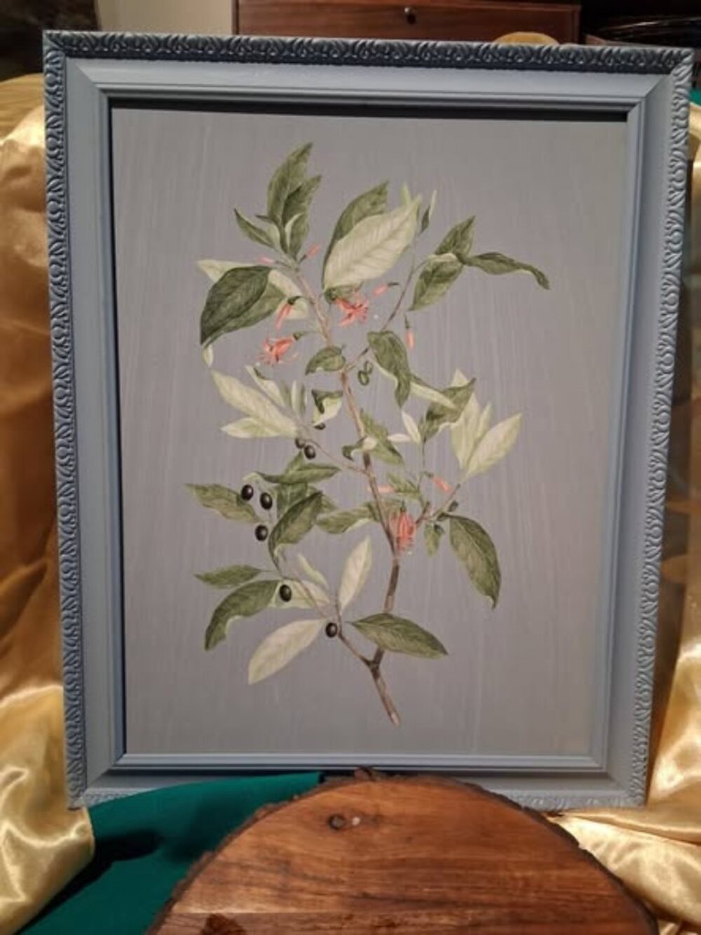 Framed Botanical Illustration Art Print Blue Gray Wood Frame